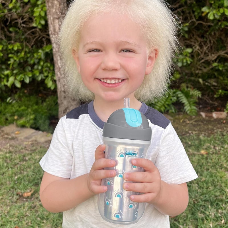 Chicco Flip-Top Straw Cup 9oz | Insulated Toddler Sippy Cup with Soft Silicone Straw | No-Spill | Easy-Clean | BPA-Free | 1pk | For Ages 12+ Months | Silver/Blue Sunburst - Image 1